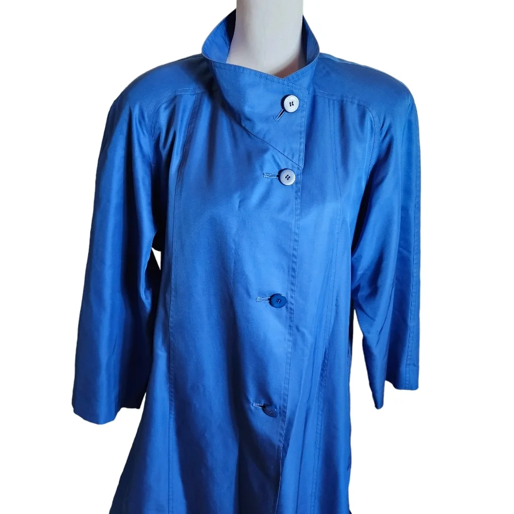 Vintage Sanyo Fashion House Blue 100% Silk Jacket Sz 8 Button Up Coat Japan Made